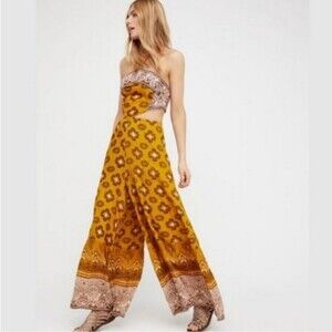 Free People Yellow Floral Boho Chic Feminine Halter Wide Leg Jumpsuit Size Small